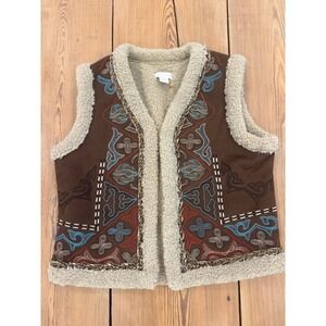 NWT House of Harlow 1960 Embroidered Sherpa Trim Vest One Size Boho Chic‎ Brown